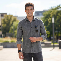 Full Sleeves Slim Fit Grey Grunge Stripe Uncut Corduroy Print Shirt