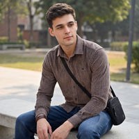 Full Sleeves Slim Fit Brown Grunge Stripe Uncut Corduroy Print Shirt