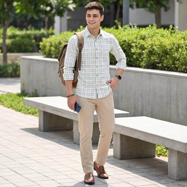 Full Sleeves Slim Fit GreenDobby Structure Checks Shirt