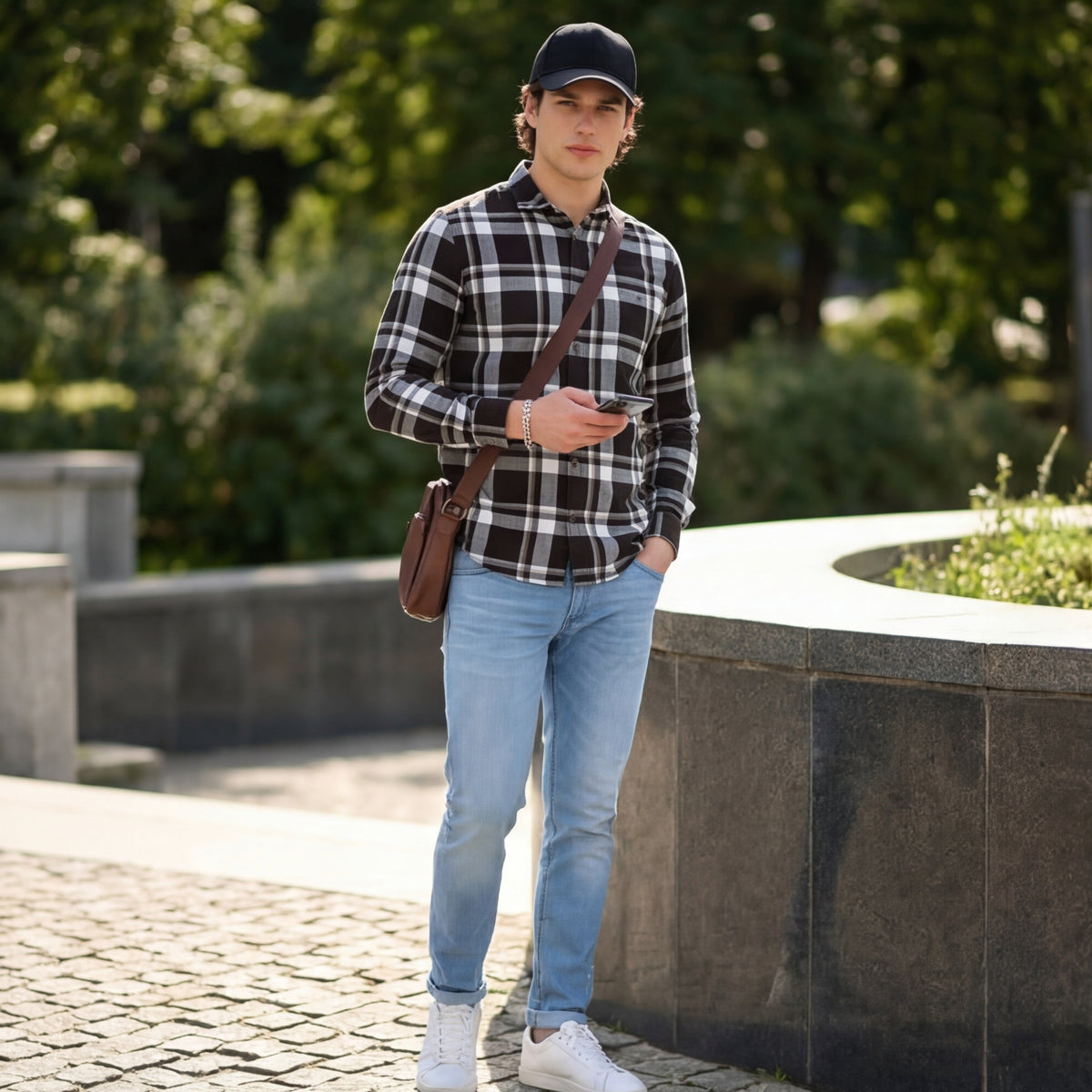 Full Sleeves Staight Fit Coffee Herringbone Checks Shirt