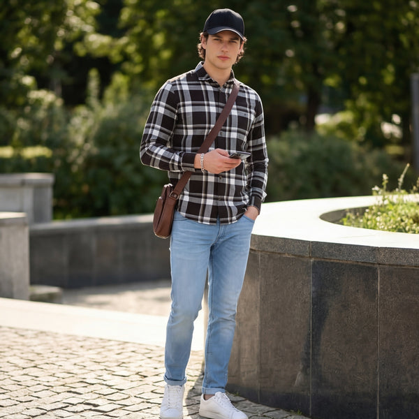 Full Sleeves Staight Fit Coffee Herringbone Checks Shirt