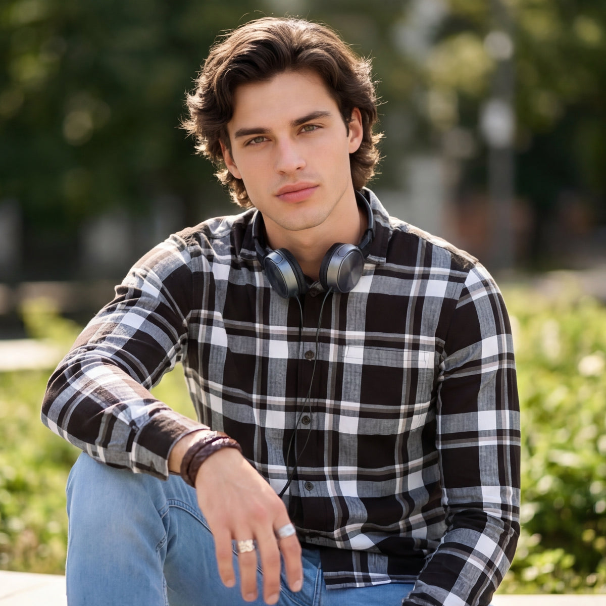 Full Sleeves Staight Fit Coffee Herringbone Checks Shirt