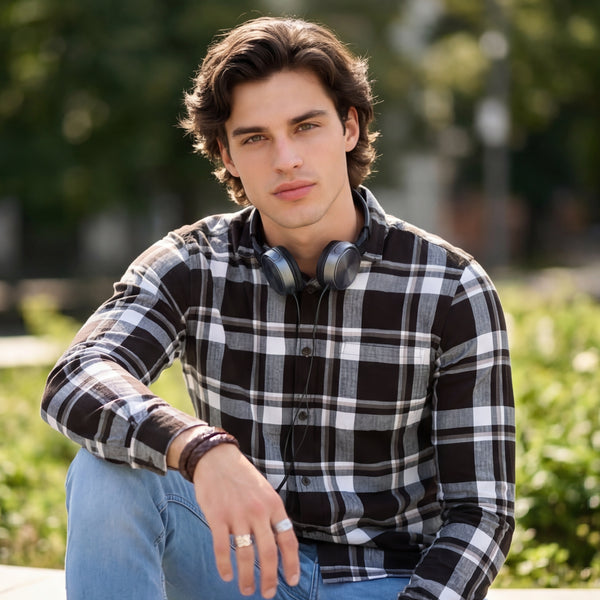 Full Sleeves Staight Fit Coffee Herringbone Checks Shirt