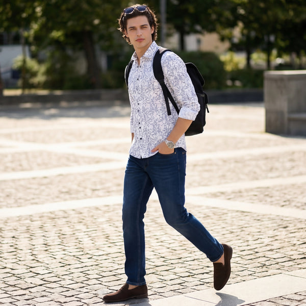 Full Sleeves Slim Fit Lavender All-Over Branch Pattern Dobby Structure Print Shirt