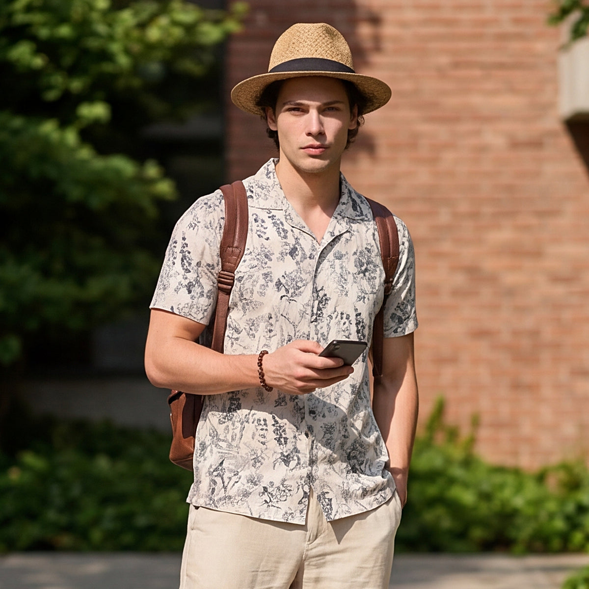 Full Sleeves Straight Fit Natural All-Over Botanical  Cuban Coallar Print Shirt