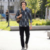 Full Sleeves Straight Fit Slate Blue Geometric Patchwork Corduroy Print Shirt