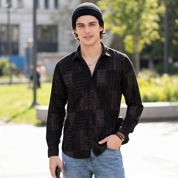 Full Sleeves Straight Fit Charcoal Grey Geometric Patchwork Corduroy Print Shirt