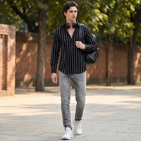 Full Sleeves Slim Fit Black Dobby Structure Striper Shirt