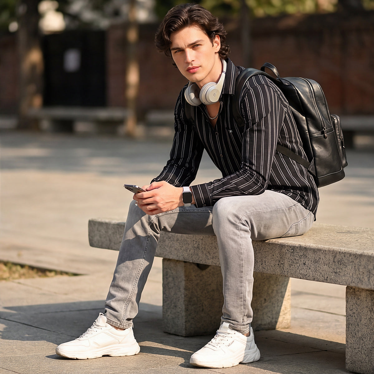 Full Sleeves Slim Fit Black Dobby Structure Striper Shirt