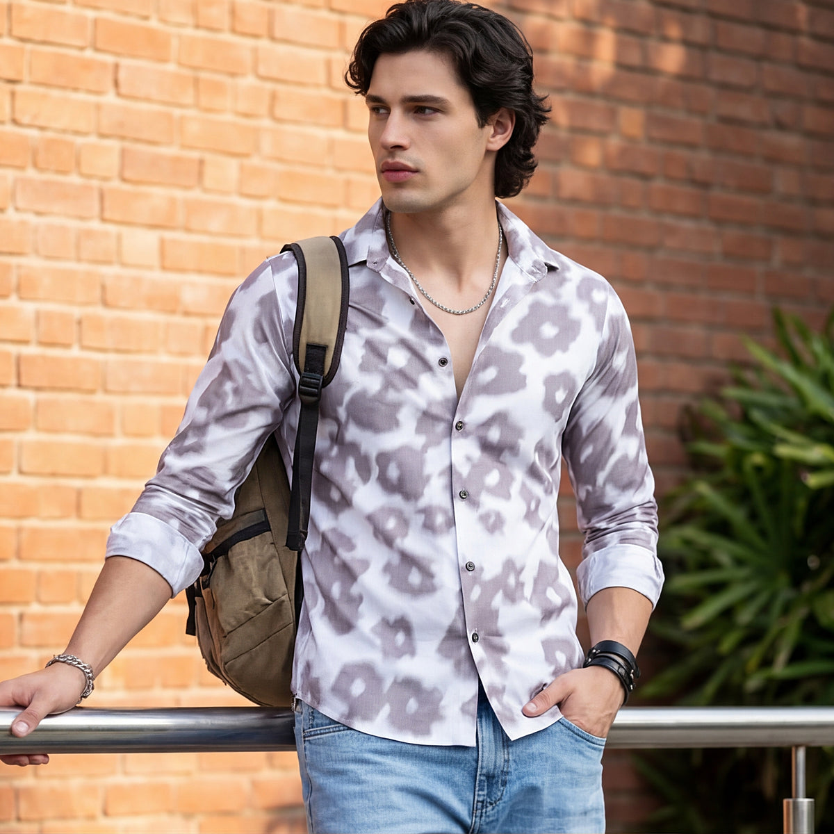 Full Sleeves Slim Fit Light Brown Motion Blur Floral Motif Print Shirt