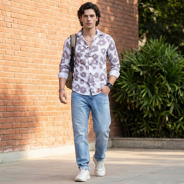 Full Sleeves Slim Fit Light Brown Motion Blur Floral Motif Print Shirt