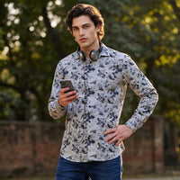 Full Sleeves Slim Fit Light Pista  All-Over Grunge Motif Print Shirt