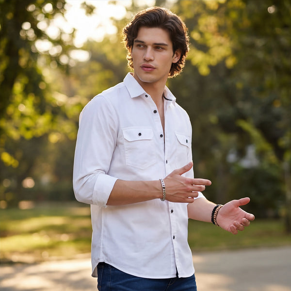 Full Sleeves Straight Fit White Double Pocket Solid Shirt