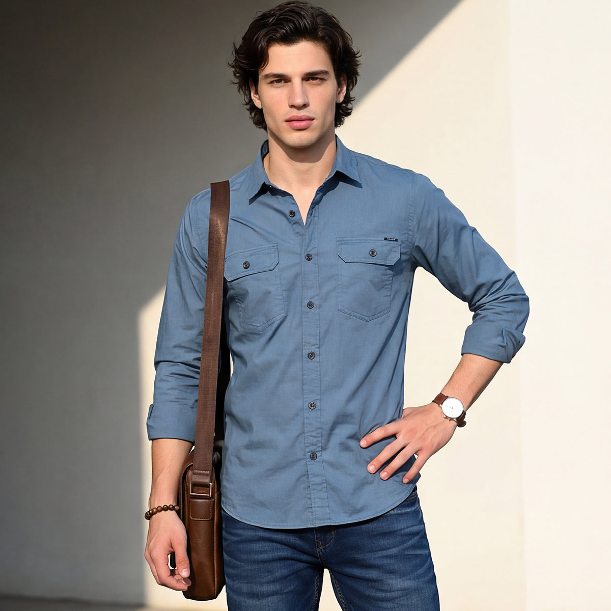 Full Sleeves Straight Fit Black Double Pocket Solid Shirt
