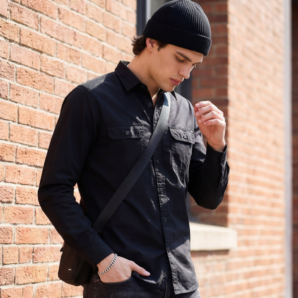 Full Sleeves Straight Fit Black Double Pocket Solid Shirt