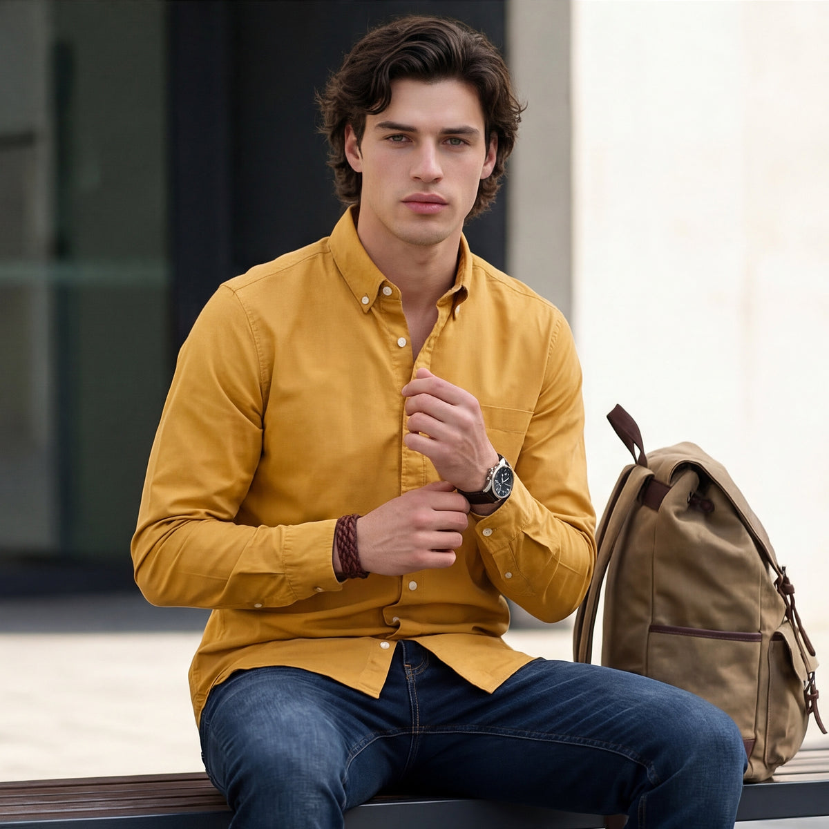 Full Sleeves Slim Fit Mustard Button-Down Oxford Solid Shirt