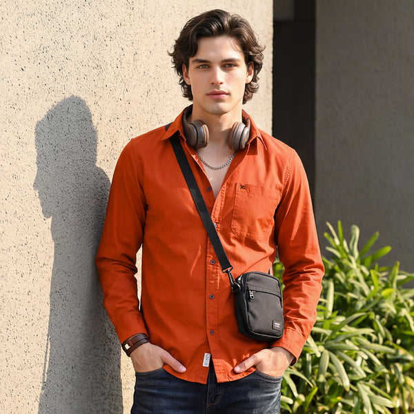 Full Sleeves Slim Fit Brick Red Button-Down Oxford Solid Shirt