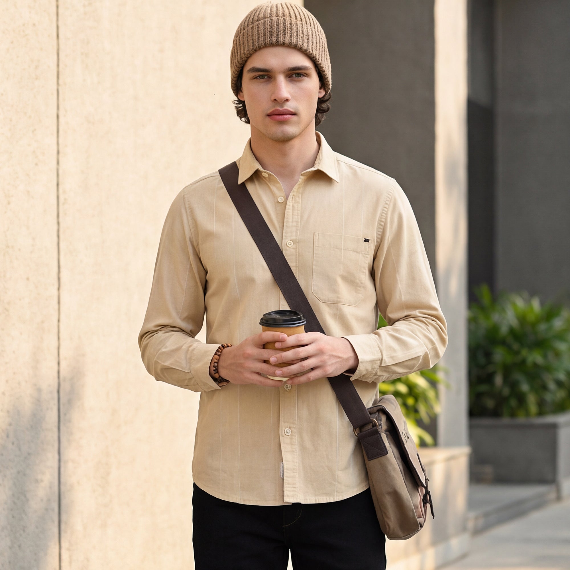Full Sleeves Slim Fit Beige Dobby Corduroy Solid Shirt