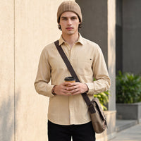 Full Sleeves Slim Fit Beige Dobby Corduroy Solid Shirt