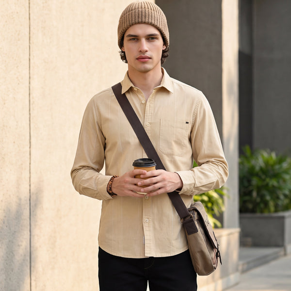Full Sleeves Slim Fit Beige Dobby Corduroy Solid Shirt