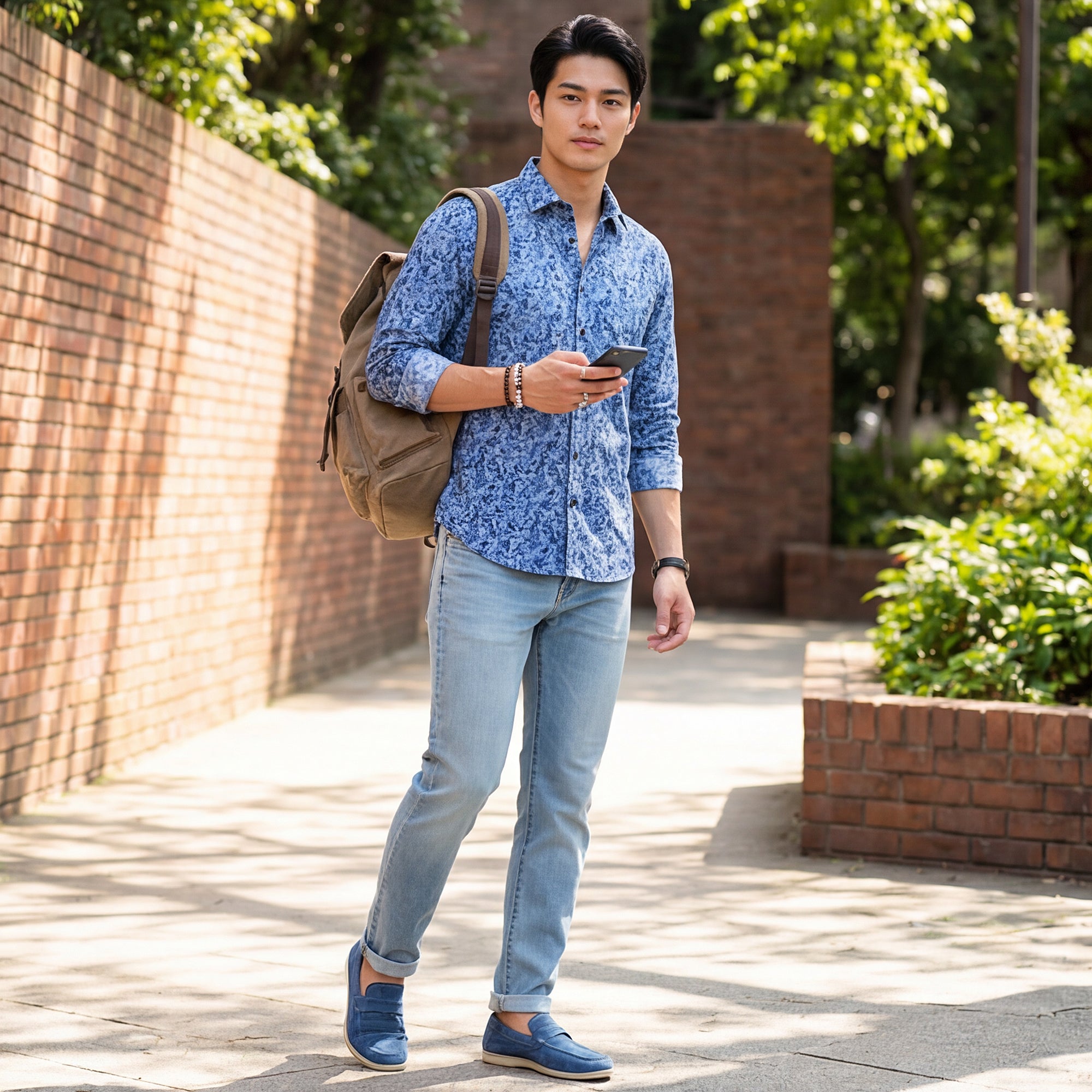 Full Sleeves Slim Fit Royal Blue  All-Over Abstract Floral Print Shirt