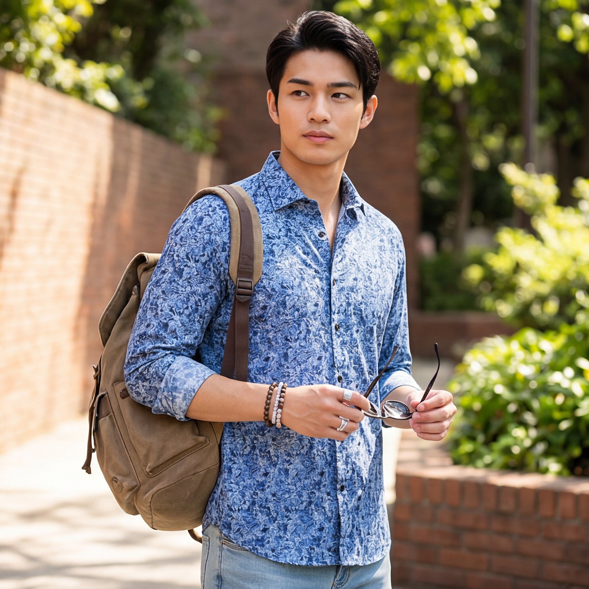 Full Sleeves Slim Fit Royal Blue  All-Over Abstract Floral Print Shirt