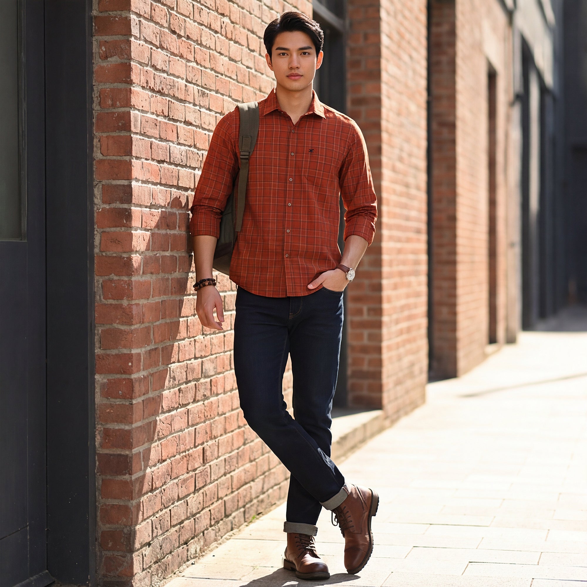 Men Brick Checks Slim Fit Shirt