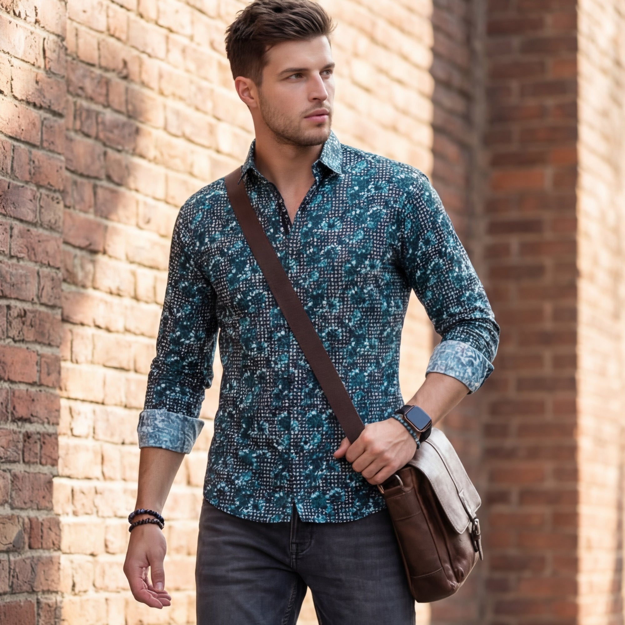 Full sleeves Slim Fit Peacock Blue All-Over Houndstooth Floral Print Shirt
