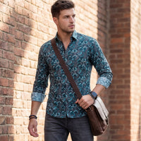 Full sleeves Slim Fit Peacock Blue All-Over Houndstooth Floral Print Shirt
