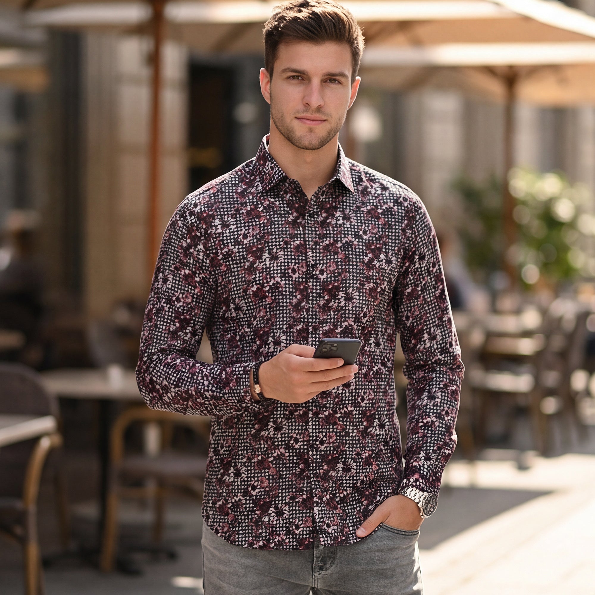 Full sleeves Slim Fit Onion Pink All-Over Houndstooth Floral Print Shirt