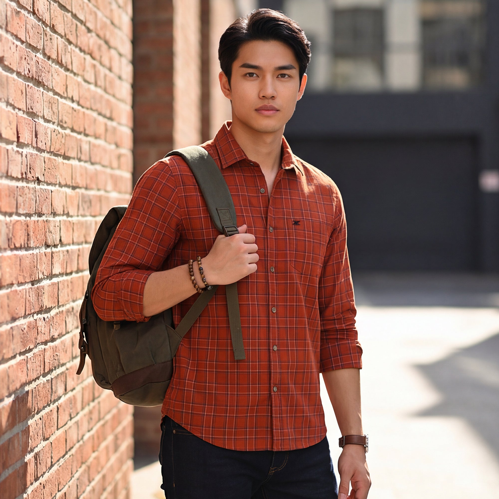 Men Brick Checks Slim Fit Shirt