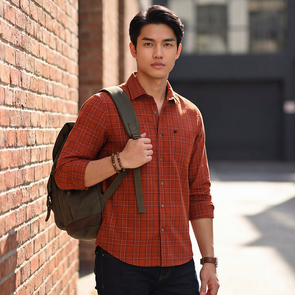 Full Sleeves Slim Fit Brick Red Dobby Structured Checks Shirt
