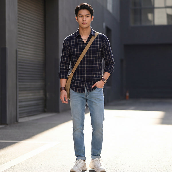 Full Sleeves Slim Fit Navy Fine Structured Checks Shirt