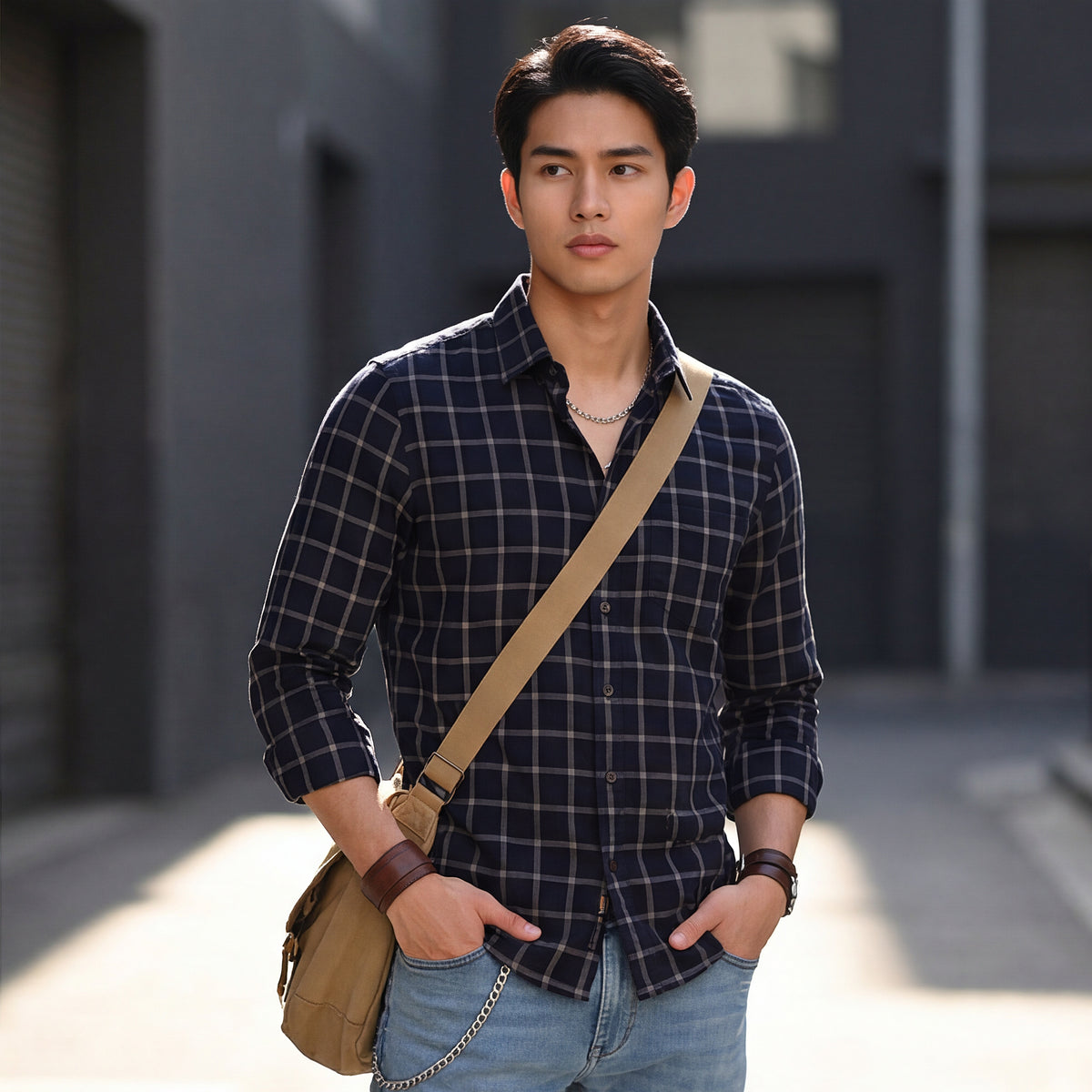Full Sleeves Slim Fit Navy Fine Structured Checks Shirt