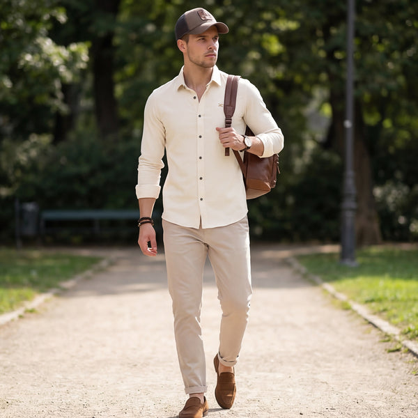 Full Sleeves Slim Fit Ecru Heavy Dobby Solid Shirt