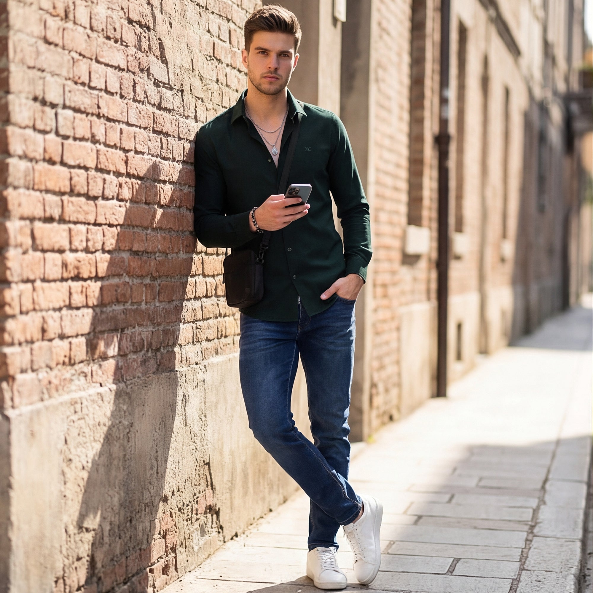 Men Dark Green Solid Slim Fit Shirt