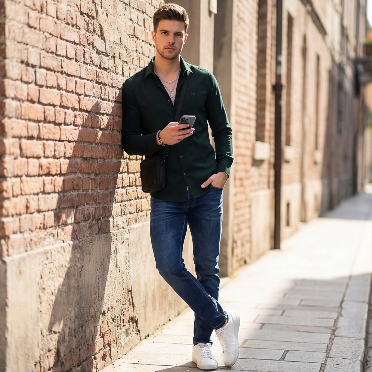 Full Sleeves Slim Fit Bottle Green Heavy Dobby Solid Shirt