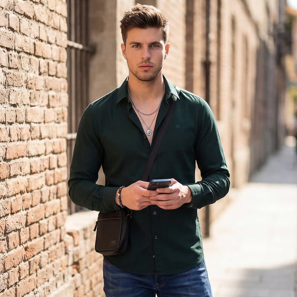 Full Sleeves Slim Fit Bottle Green Heavy Dobby Solid Shirt