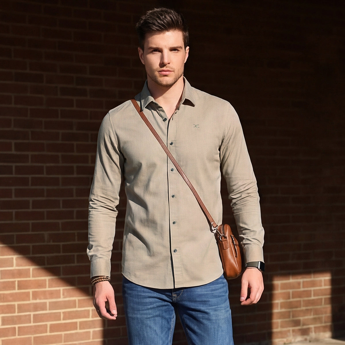 Full Sleeves Slim Fit Beige Heavy Dobby Solid Shirt