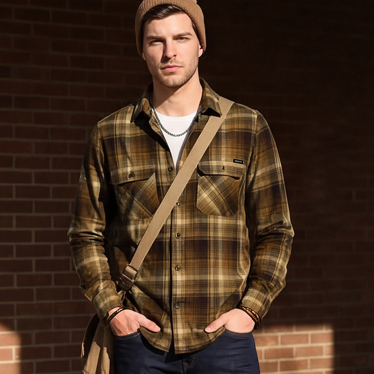 Full Sleeves Slim Fit Olive Double Pocket Brushed Checks Shirt