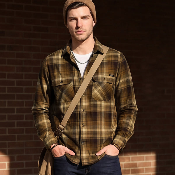 Full Sleeves Slim Fit Olive Double Pocket Brushed Checks Shirt