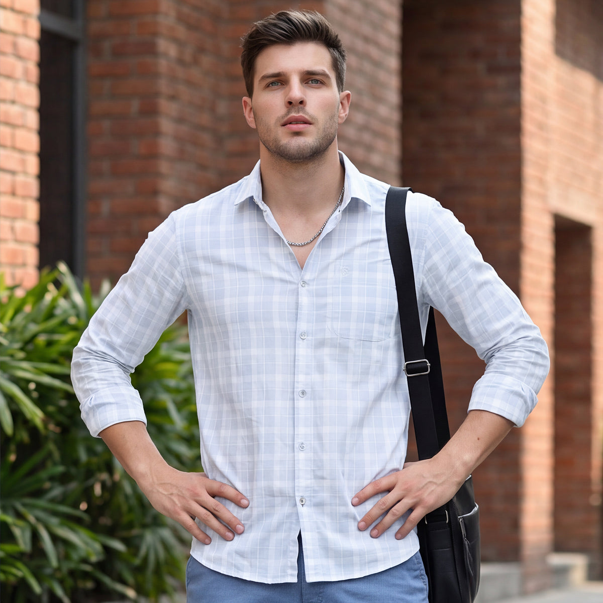 Full Sleeves Slim Fit White Structured Checks Shirt