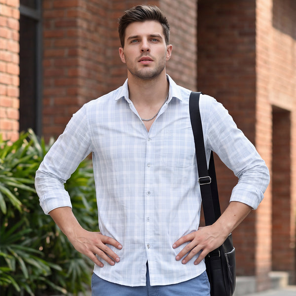 Full Sleeves Slim Fit White Structured Checks Shirt