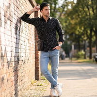 Full sleeves Slim Fit Navy All-Over Distressed  Botanical Dobby Print Shirt