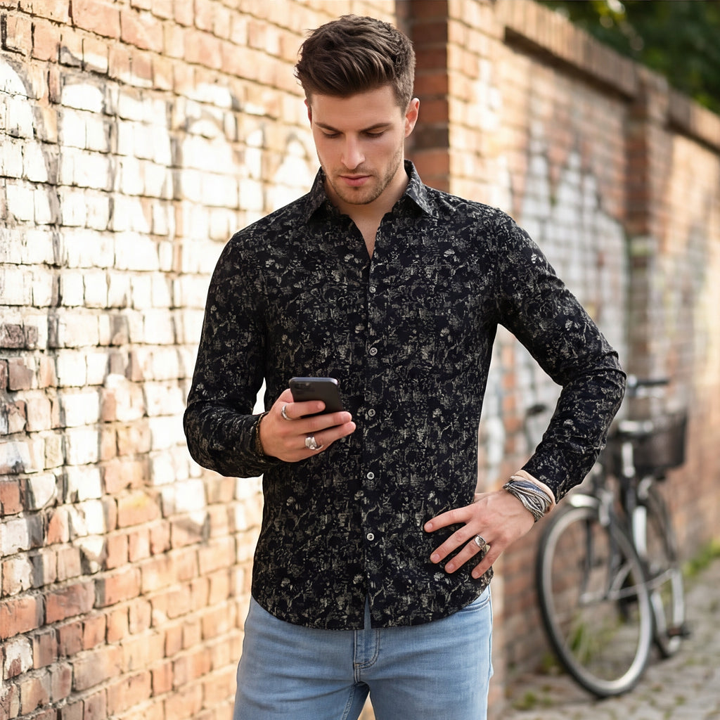 Full sleeves Slim Fit Navy All-Over Distressed  Botanical Dobby Print Shirt