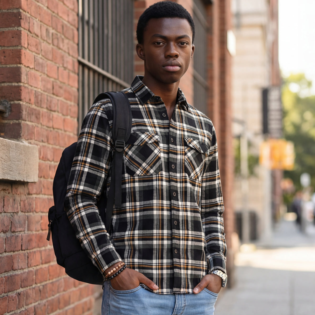 Full Sleeves Slim Fit Black Heavy Textured Double Pocket Checks Shirt