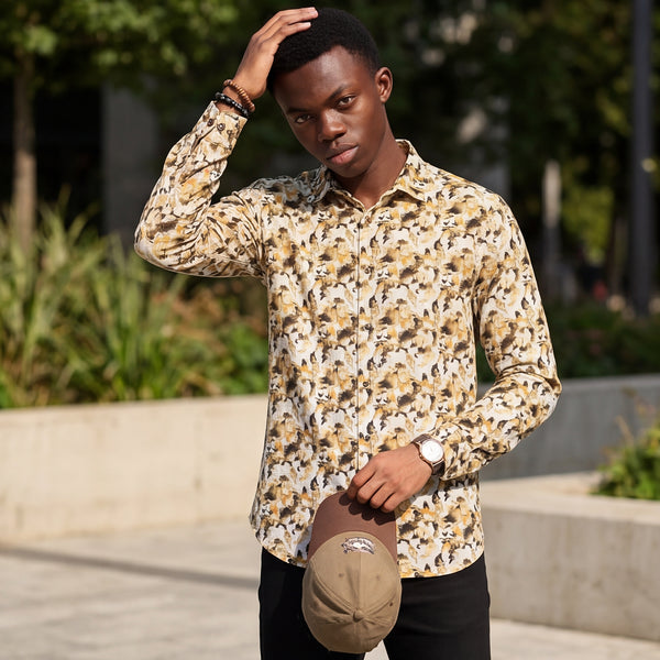 Full sleeves Slim Fit Mustard All-Over Camou Waffle Dobby Print Shirt