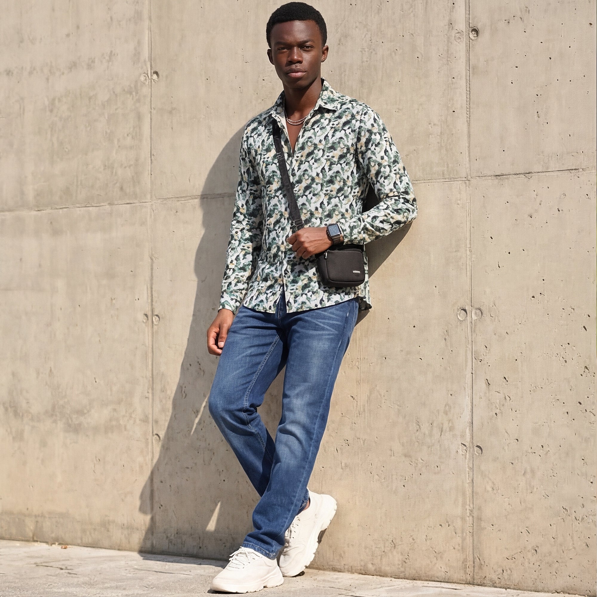 Full sleeves Slim Fit Green All-Over Camou Waffle Dobby Print Shirt