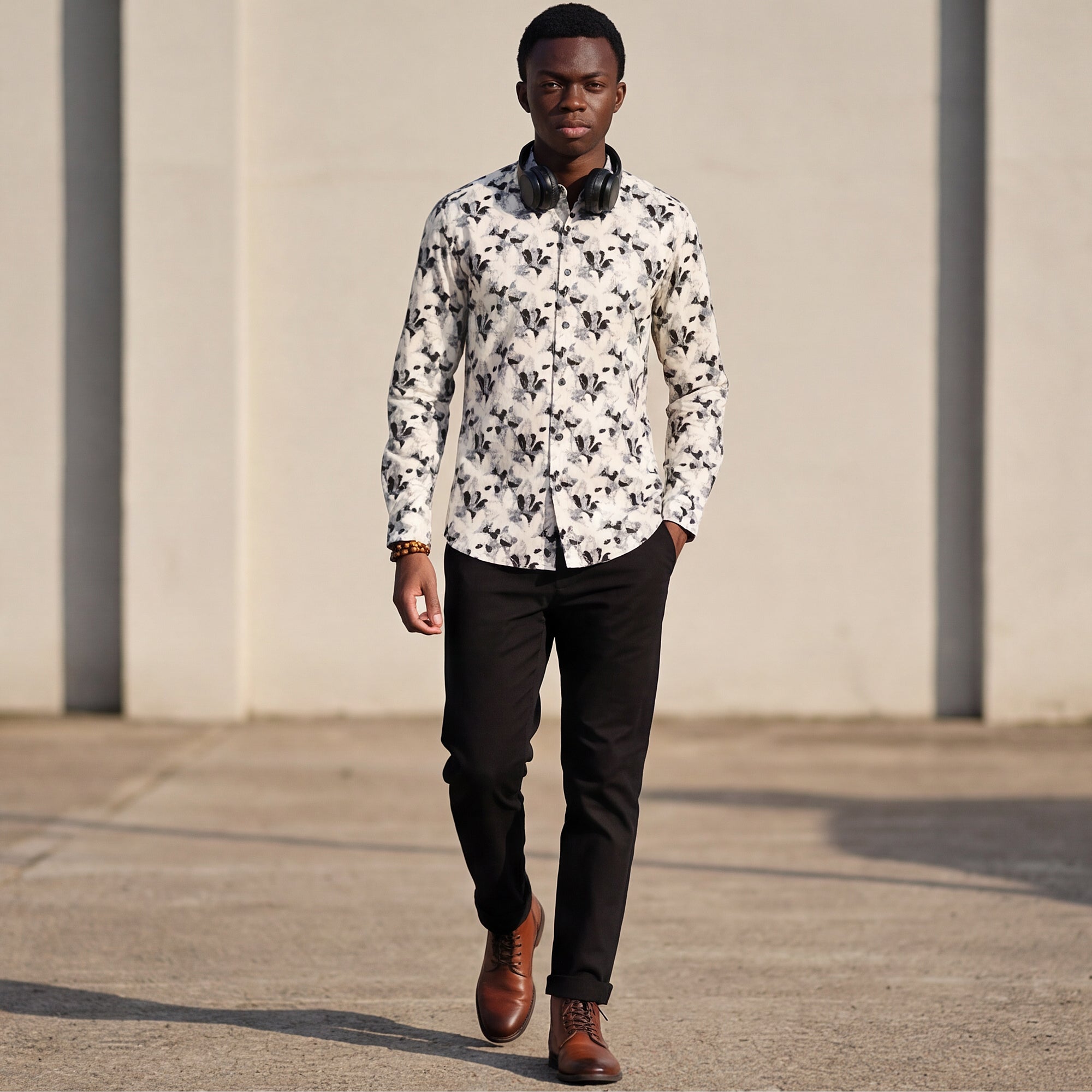 Men Cream Printed Slim Fit Shirt
