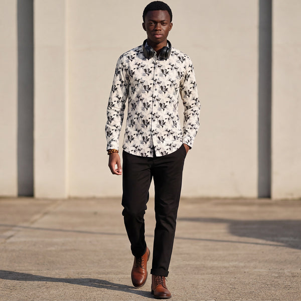 Full sleeves Slim Fit Cream All-Over Floral Dobby Textured Print Shirt